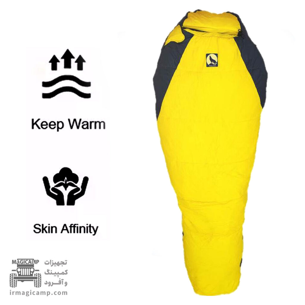 کیسه خواب مومیایی زرد و مشکی مناسب کمپینگ در هوای بسیار سرد